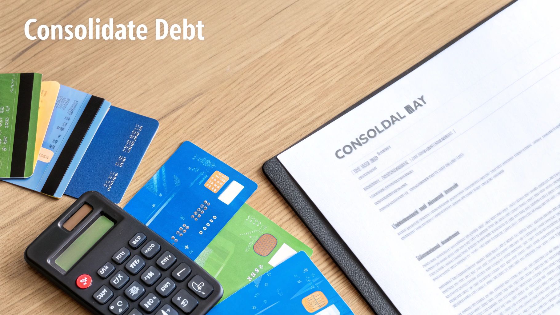Calculator, multiple credit cards, and document with 'Consolidate Debt' text on a wooden table.
