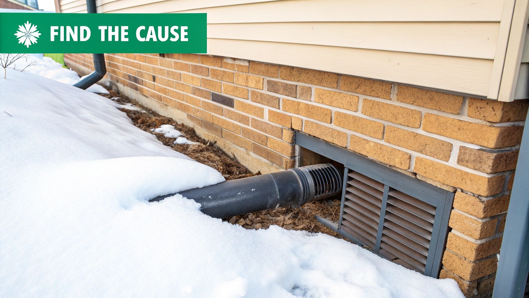 A house foundation with a furnace exhaust pipe extending into accumulated snow, highlighting a potential issue.
