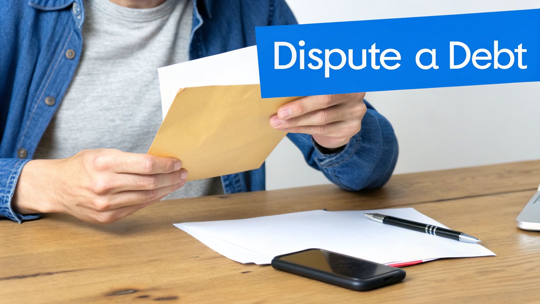 A person opens an envelope on a wooden desk with paper, pen, and phone, stating 'Dispute a Debt'.