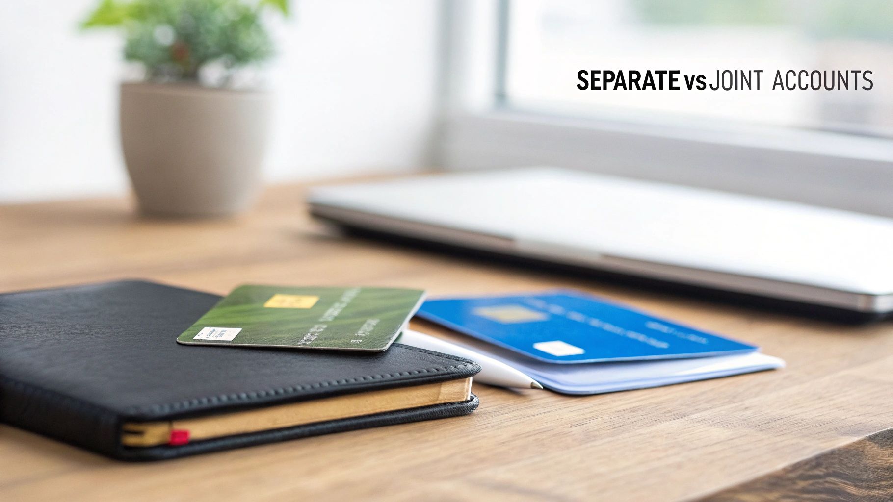 Credit cards, notebook, and pen on a wooden desk, symbolizing separate vs joint accounts.