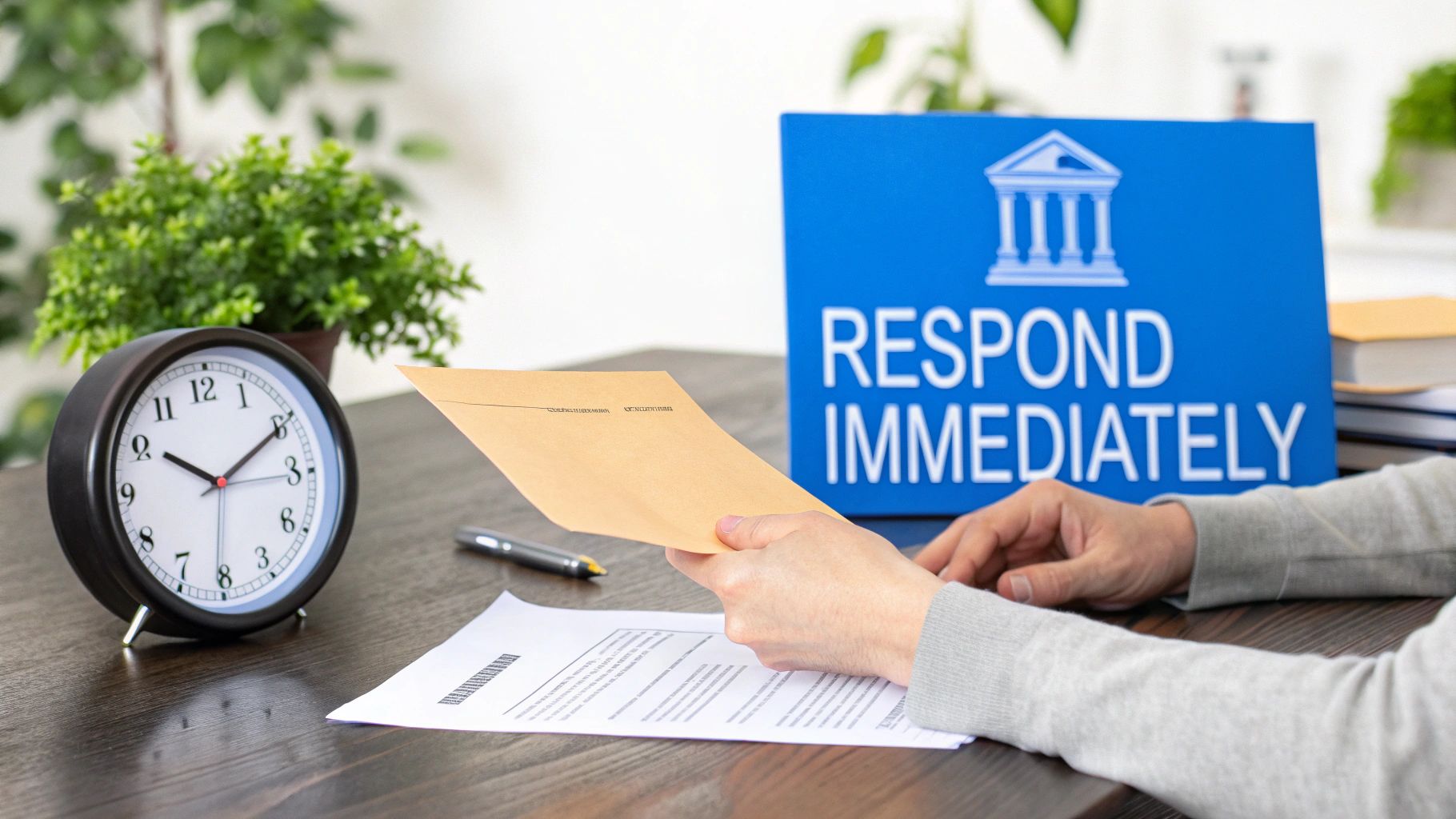 Person receiving urgent mail with a clock and a sign saying 'Respond Immediately'.