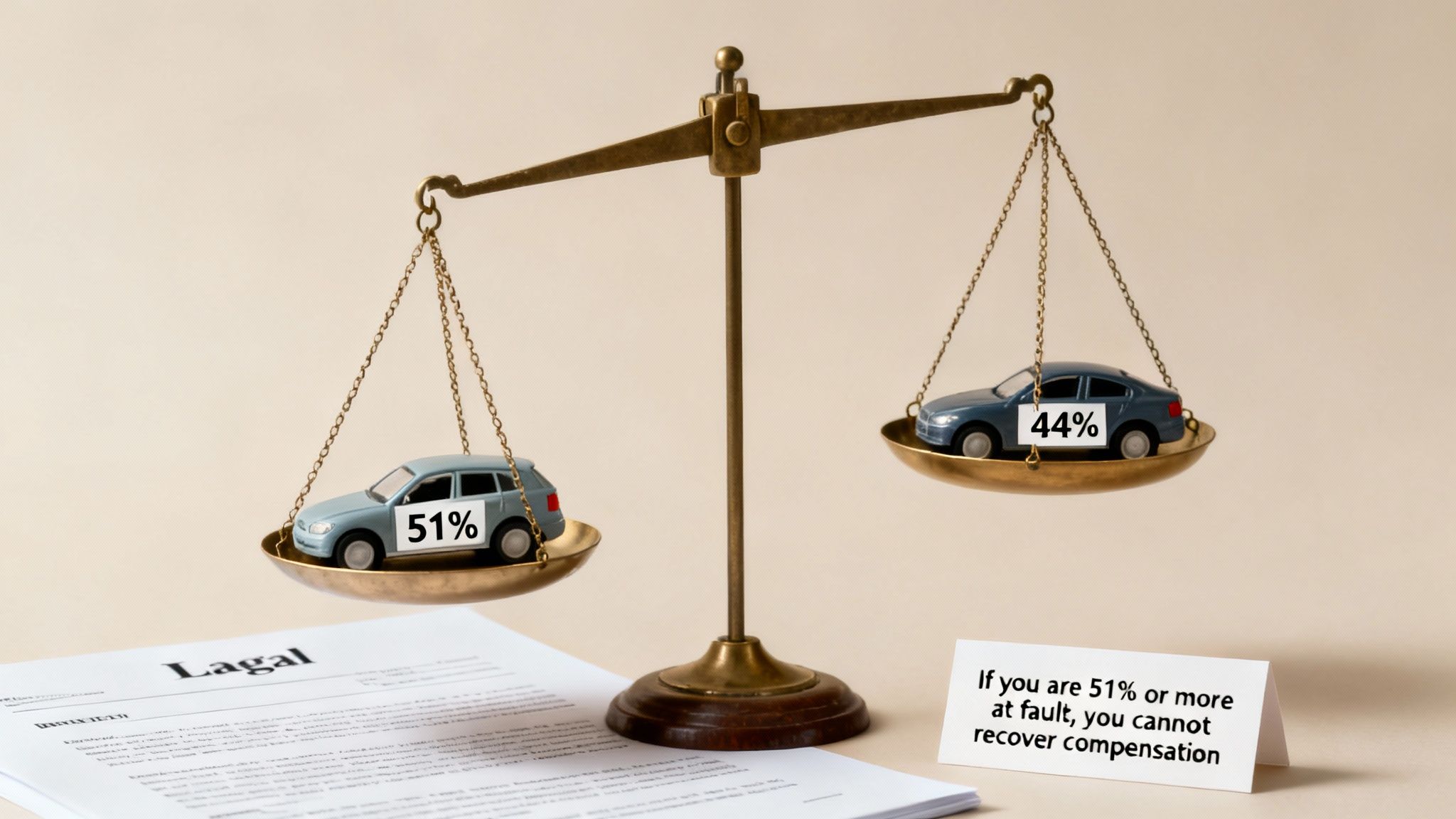 A justice scale with toy cars showing 51% and 44% fault, illustrating accident claim compensation rules.