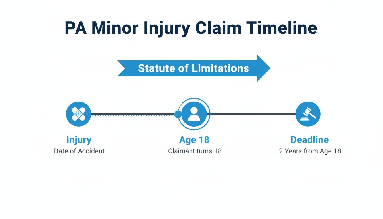 Infographic showing the PA minor injury claim timeline, highlighting the statute of limitations from injury to 2 years after age 18.