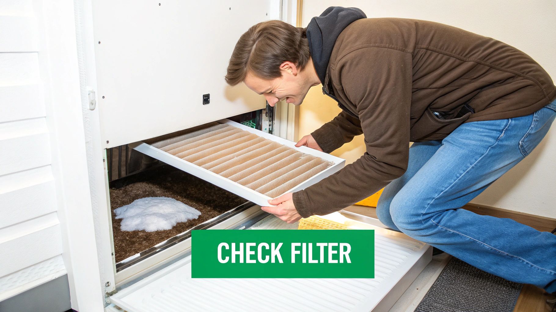 A smiling man checking or replacing a dirty air filter in a home HVAC or furnace unit.