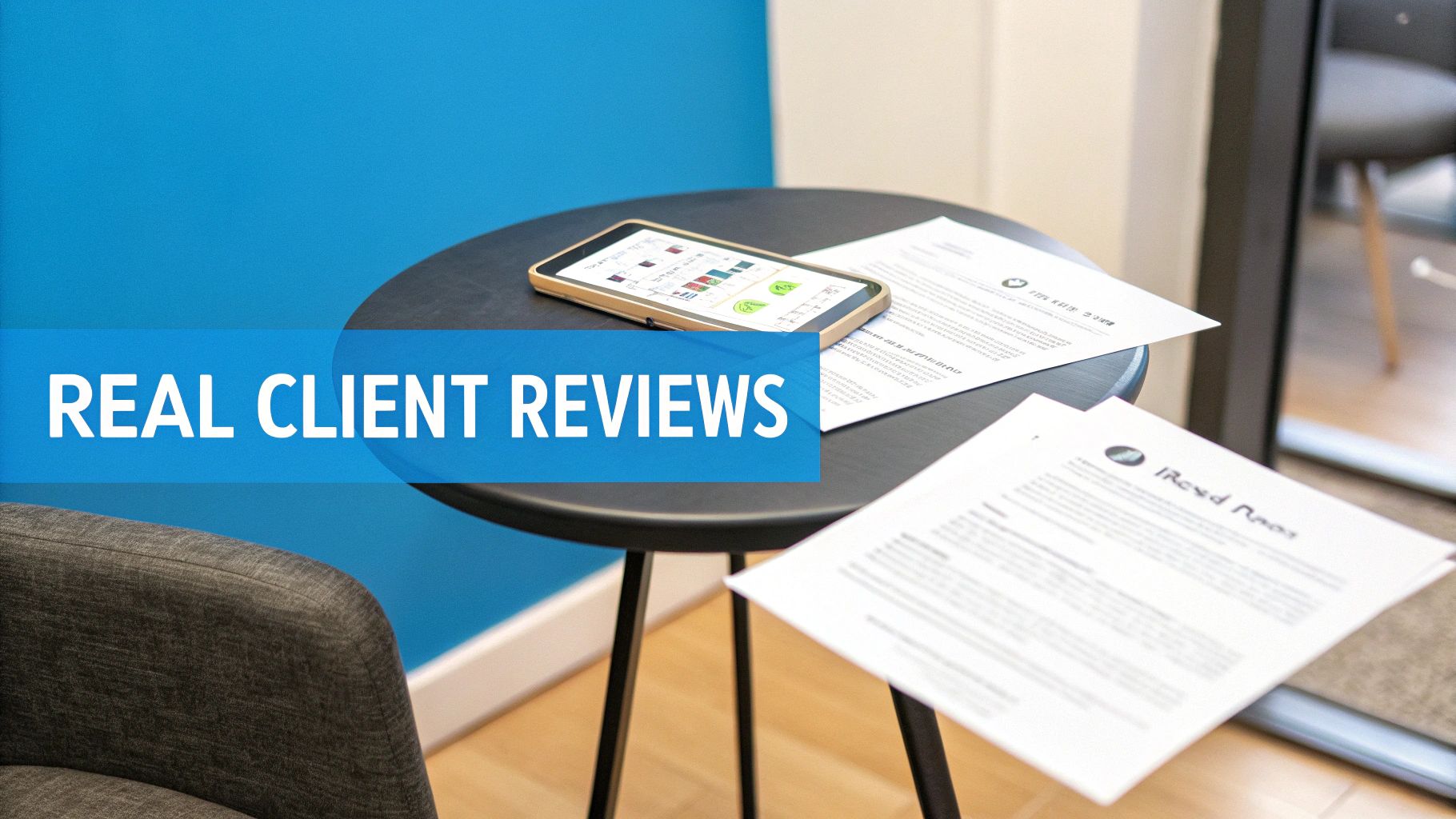 A smartphone displaying charts and documents on a table, with a 'REAL CLIENT REVIEWS' overlay.