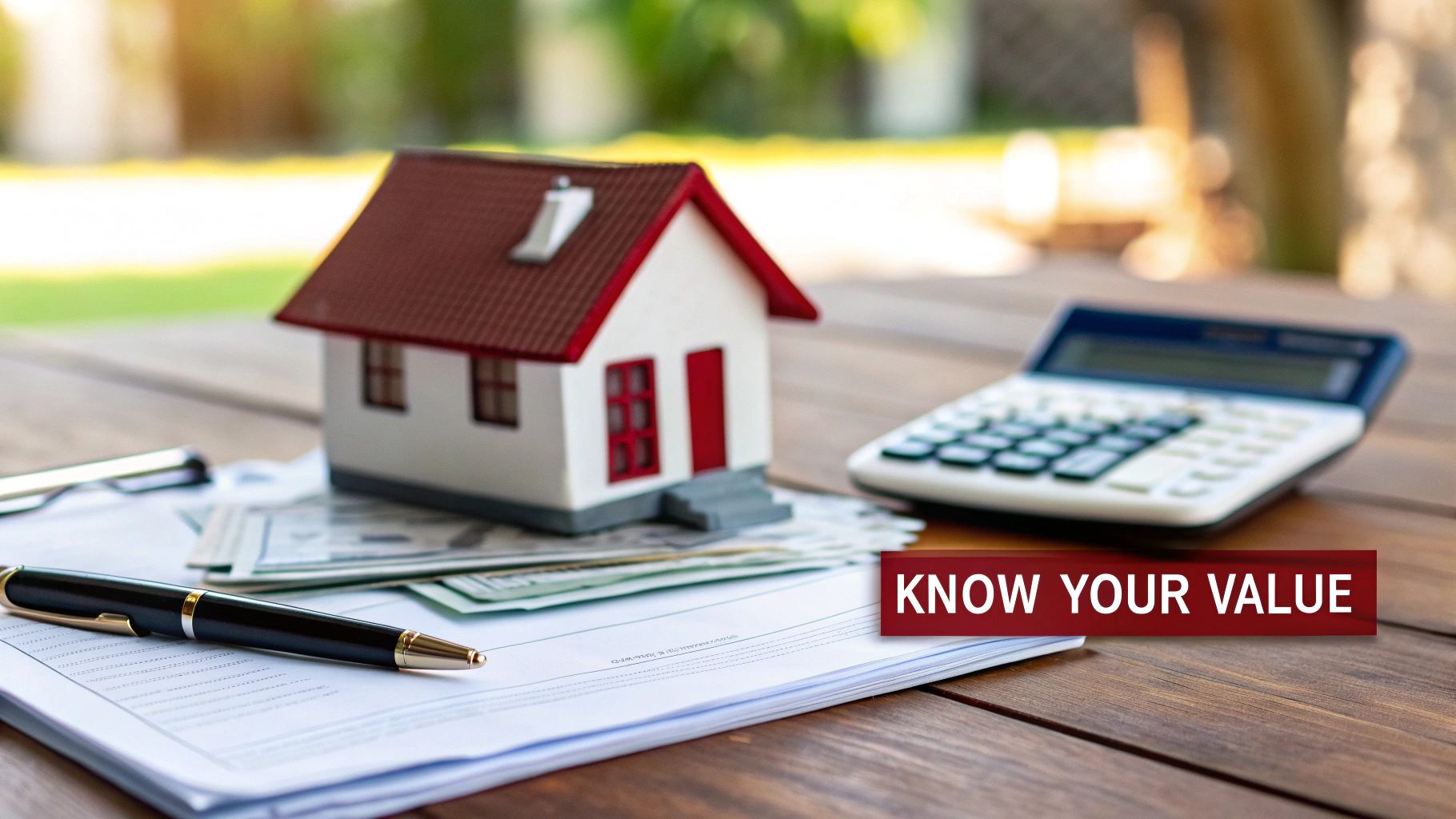 A miniature house model, calculator, documents, and pen on a wooden table with a 'KNOW YOUR VALUE' sign.