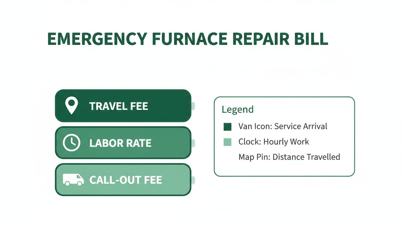 An emergency furnace repair bill with sections for travel fee, labor rate, and call-out fee, including an icon legend.