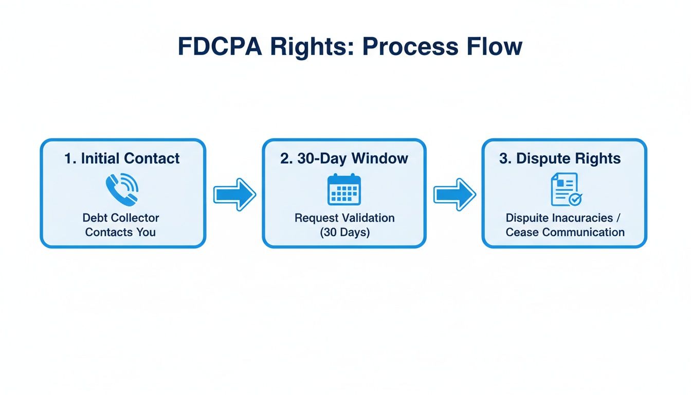 Flowchart illustrating the FDCPA rights process: initial contact, 30-day validation window, and dispute options.