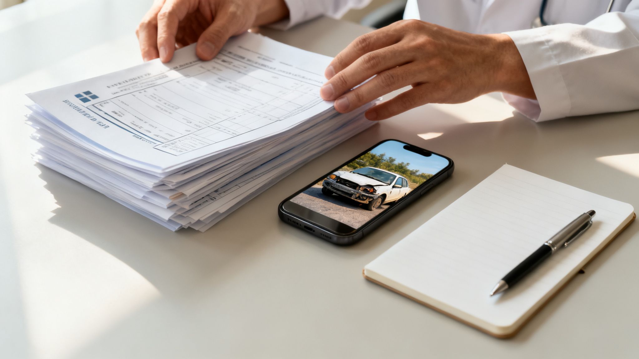 Person handling a stack of paperwork, smartphone displaying a damaged car, and a notepad.