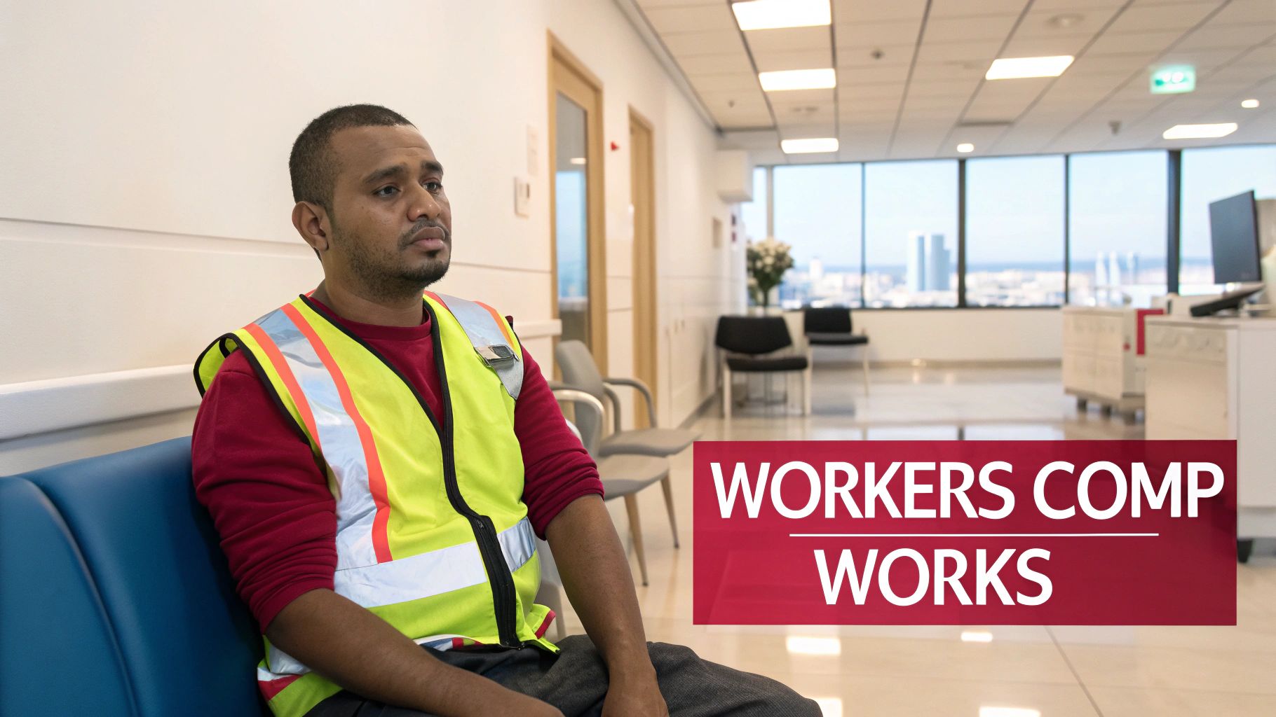Injured worker in a safety vest sits thoughtfully in an office waiting area, 'Workers Comp Works' text overlay.