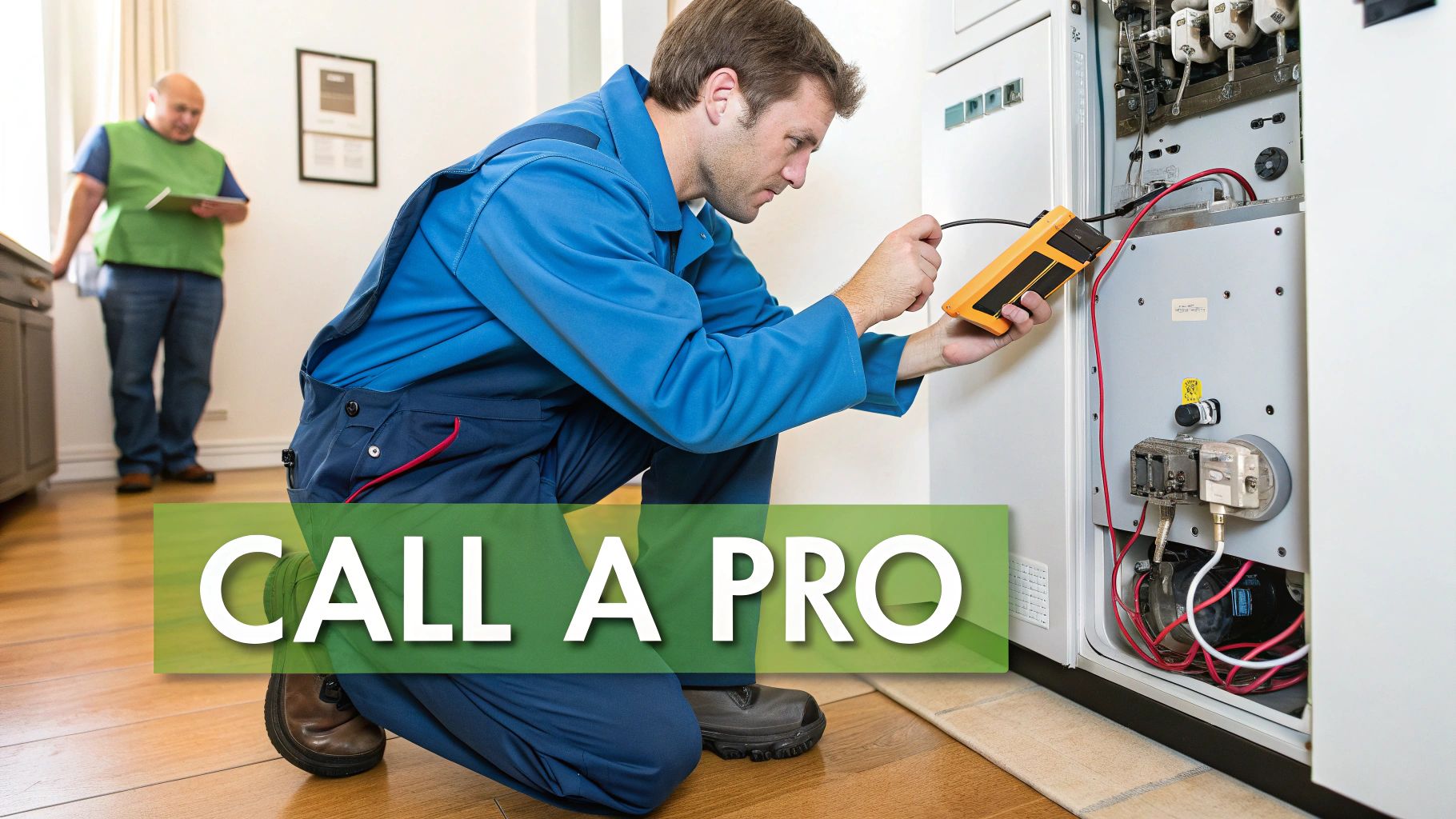 A technician in blue coveralls kneels, diagnosing a furnace with a tool, as another person watches in the background.