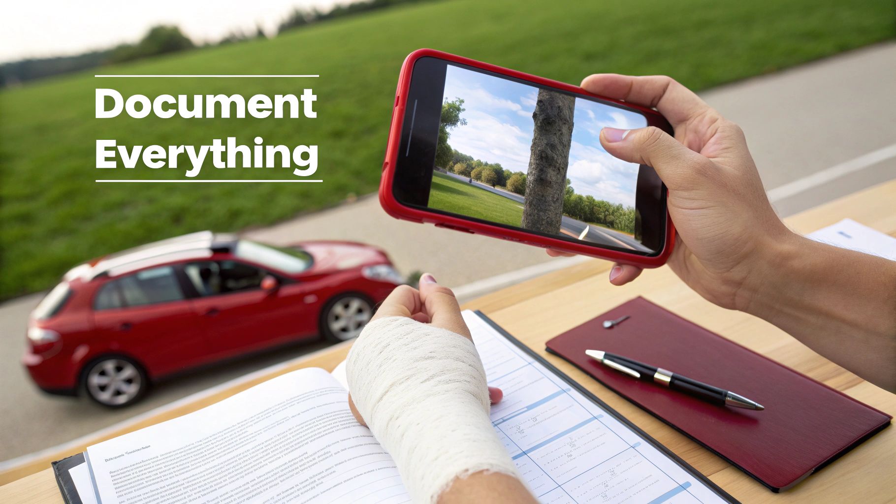 Injured person documenting an accident scene with a smartphone, showing a car and legal documents.