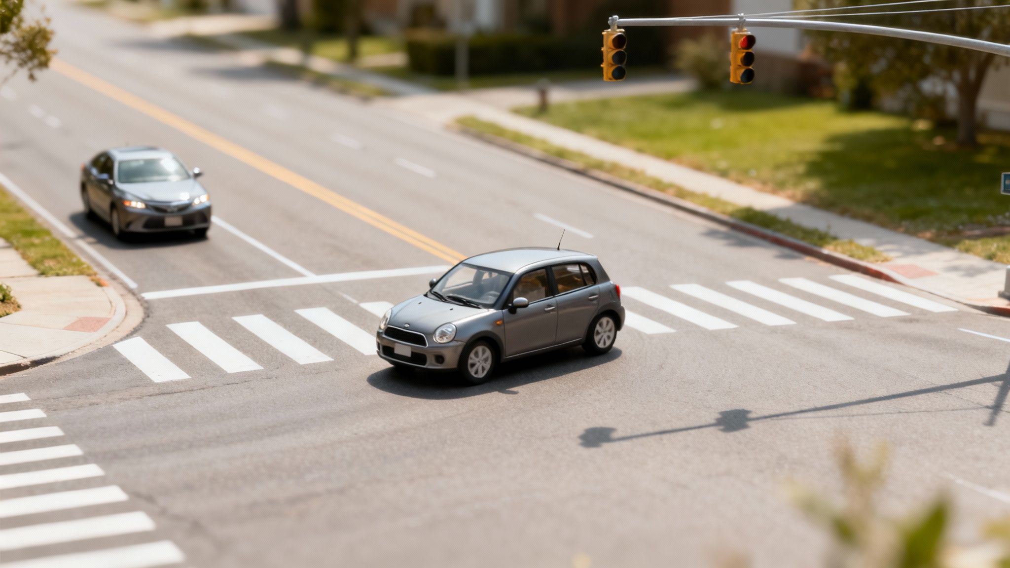 An intersection with a grey Mini Cooper turning left and another car, viewed with a tilt-shift effect.