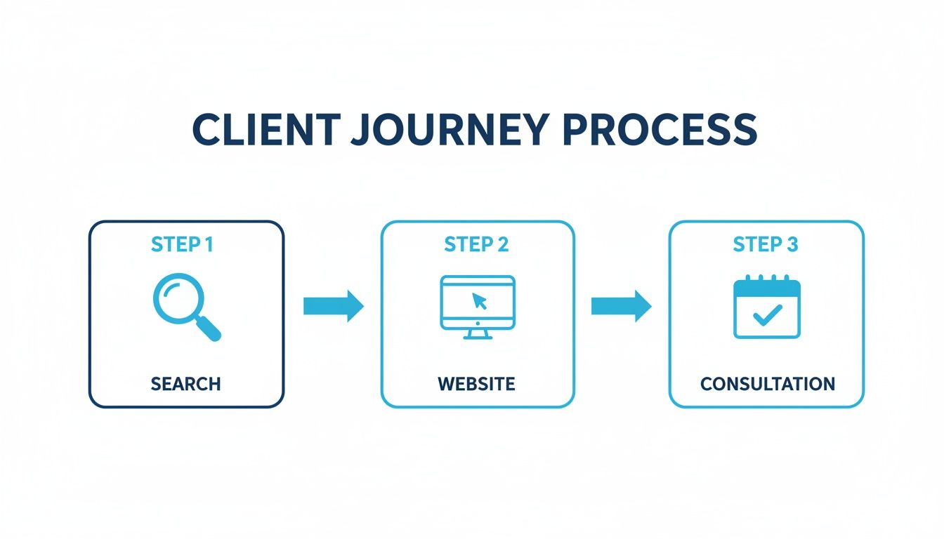Diagram illustrating the client journey process with steps for search, website, and consultation.