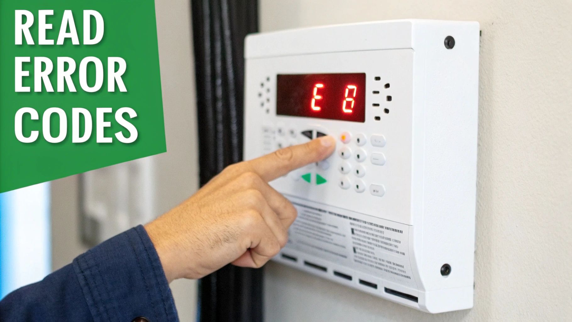 A person's hand presses a button on a white control panel displaying an E 8 error code.