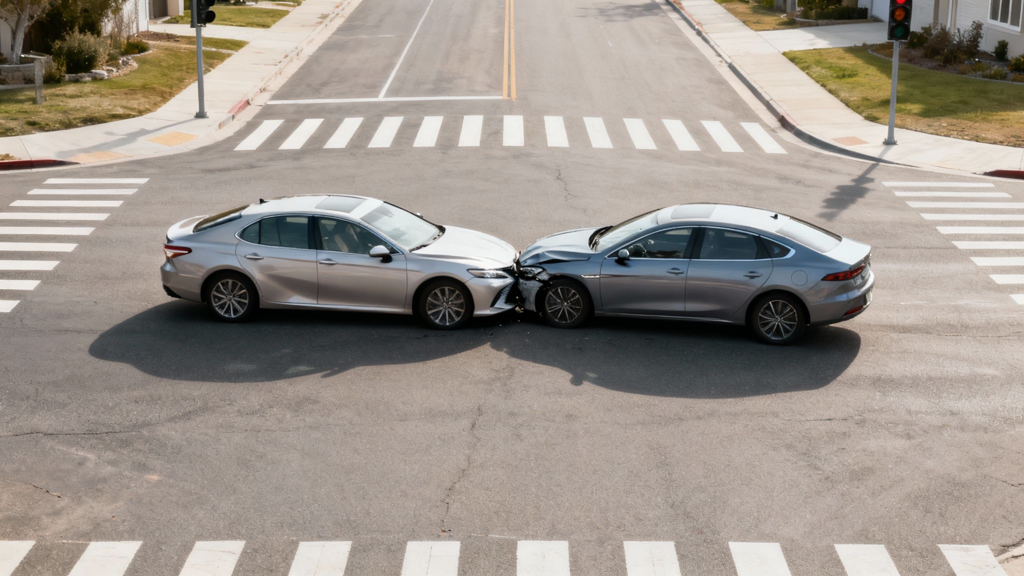 Overhead view of two silver cars after a head-on collision at a street intersection.