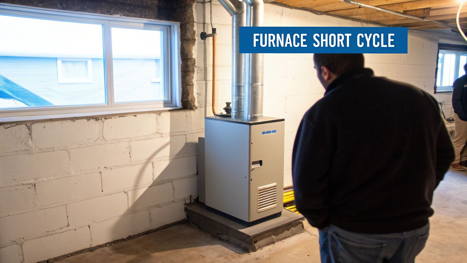 A man stands in a basement looking at a furnace, with a text overlay 'FURNACE SHORT CYCLE'.