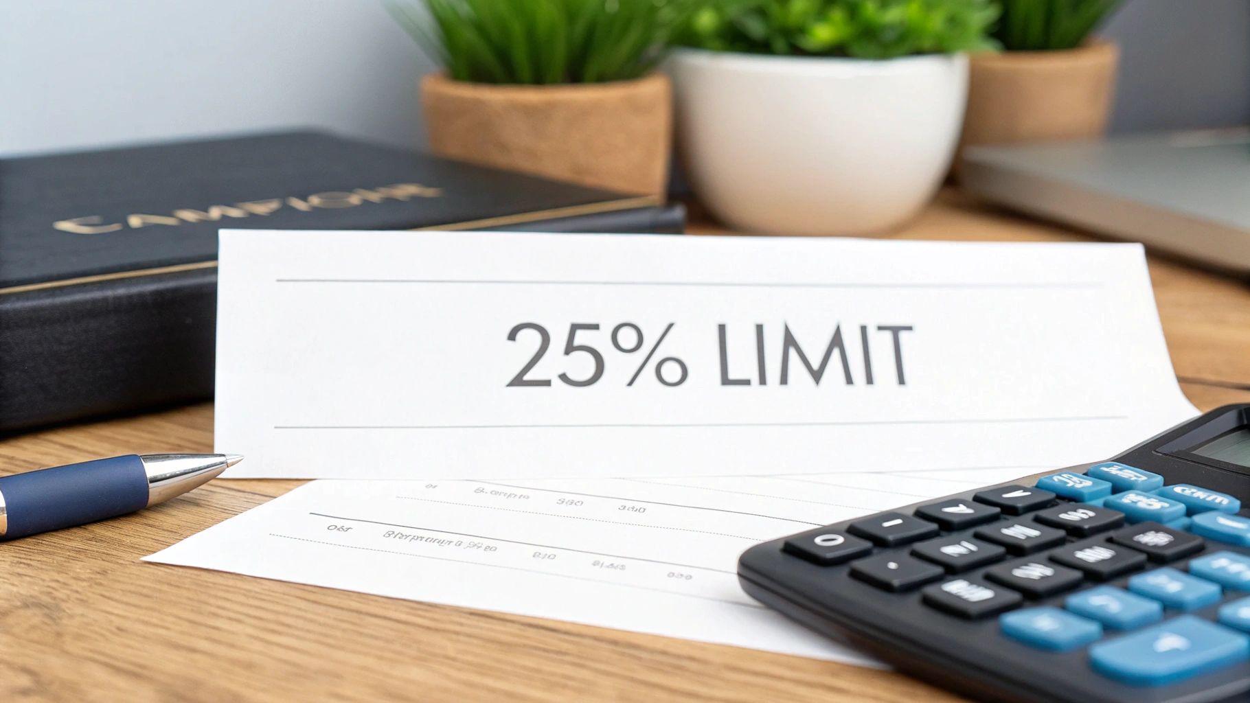 A paper with '25% LIMIT' text on a wooden desk with a calculator, pen, and document.