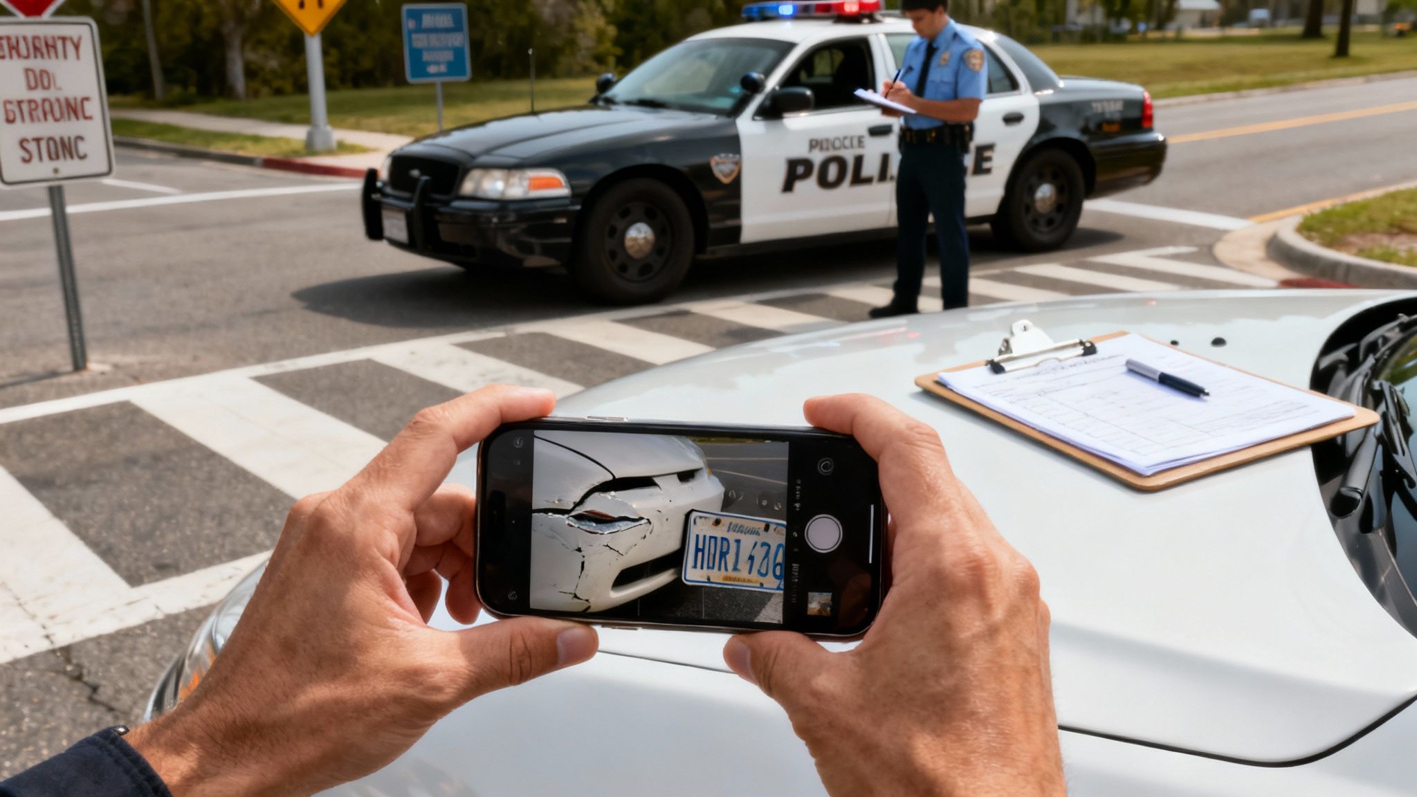 Person photographs a damaged car's bumper and license plate at an accident scene with a police officer investigating.