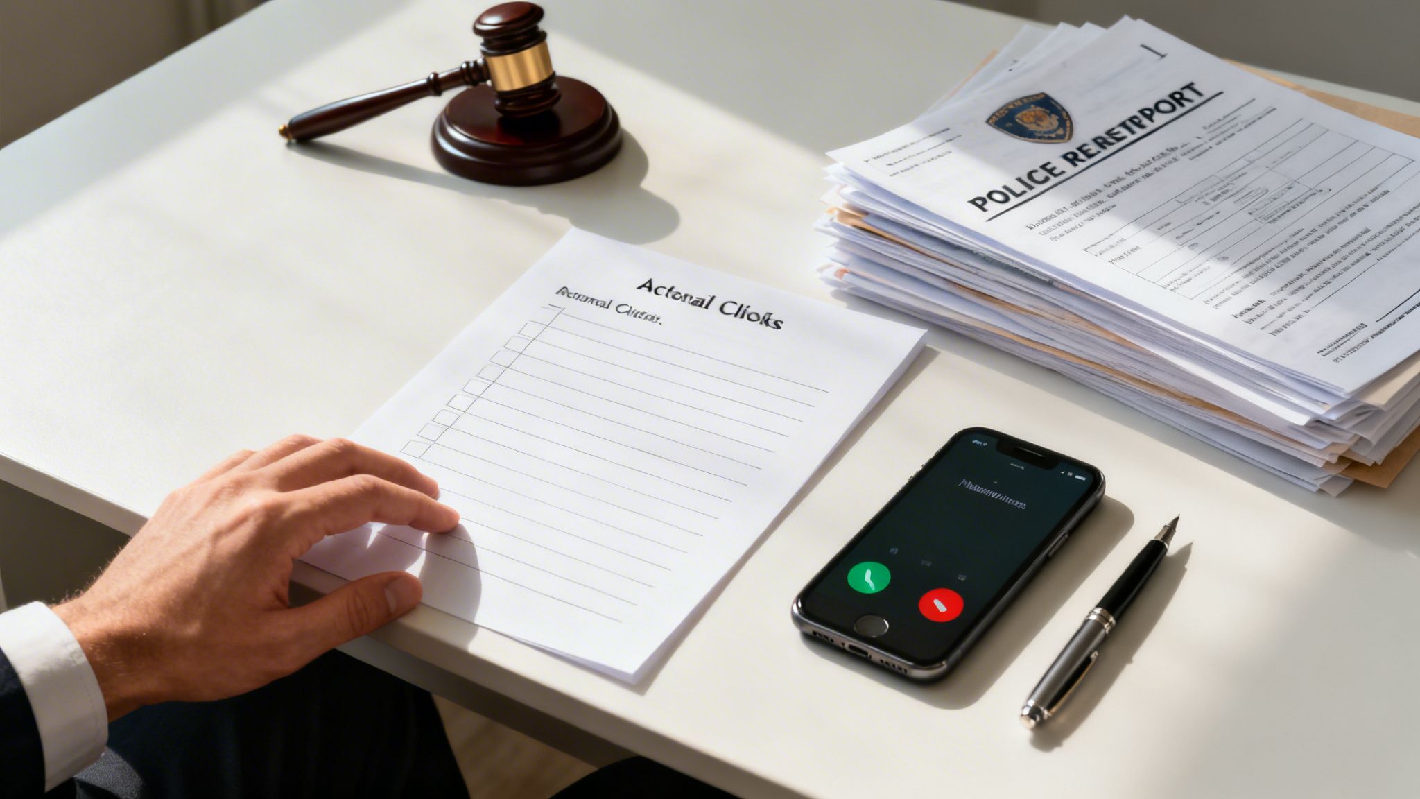 A person's hand on a white desk with legal documents, a gavel, checklist, and ringing phone.