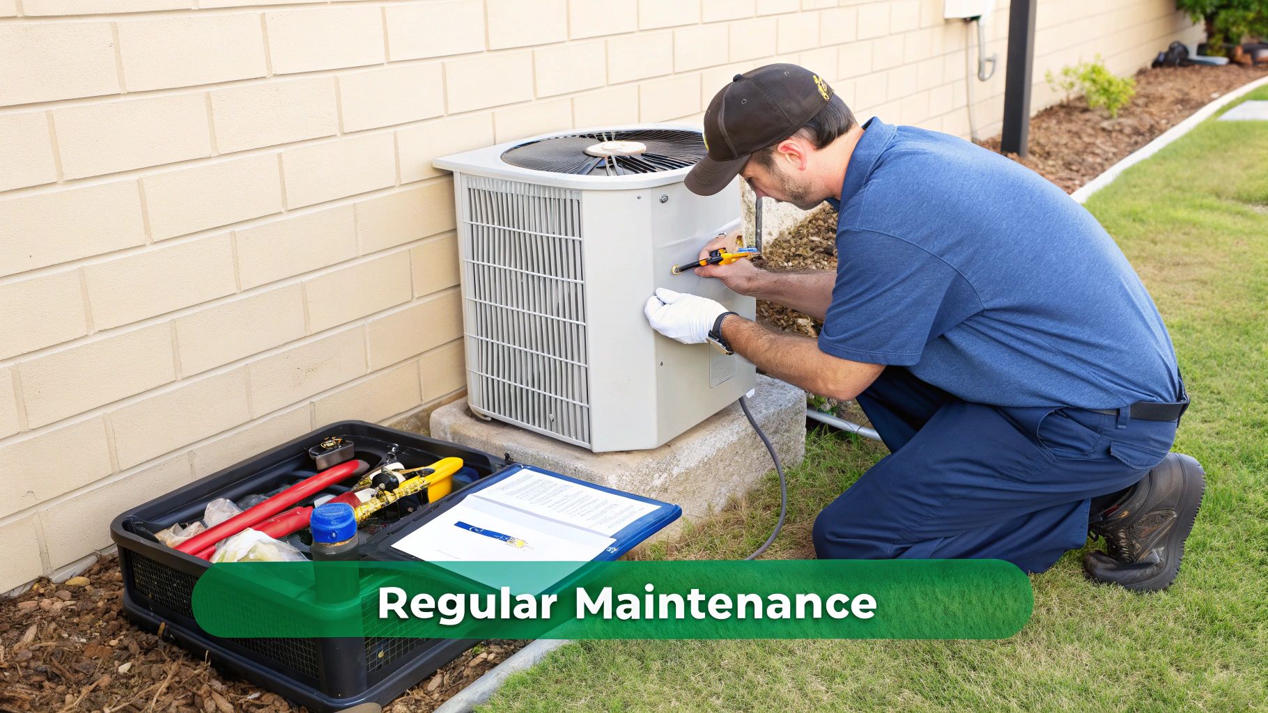 A technician in a blue shirt is performing maintenance on an outdoor air conditioning unit.
