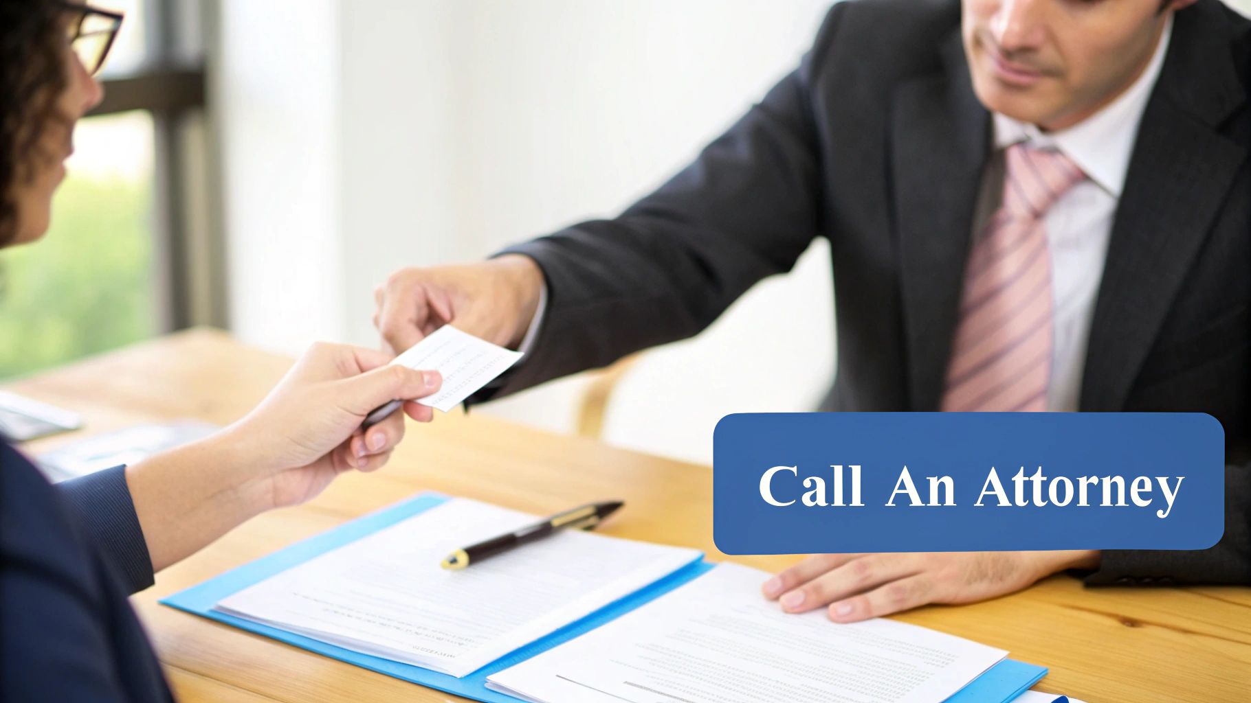 Un abogado con traje entrega una tarjeta de presentación a un cliente durante una reunión profesional.