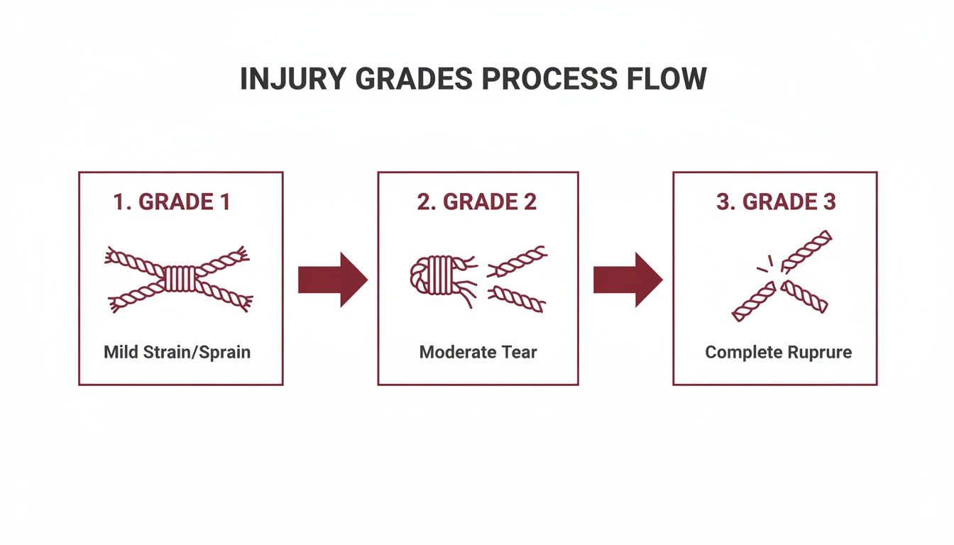 A diagram illustrates three grades of soft tissue injury: mild strain, moderate tear, and complete rupture.