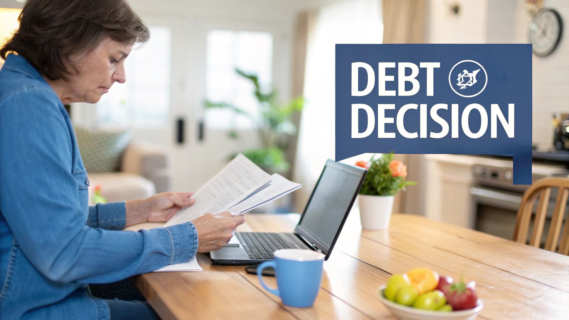 A woman reviews papers at a table with a laptop, a mug, and a fruit bowl, with a 'DEBT DECISION' sign.