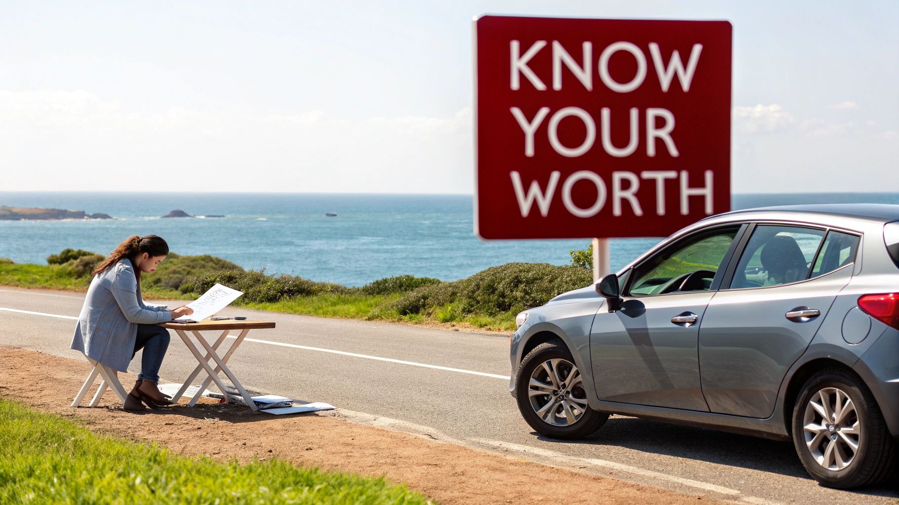 A young woman works outdoors by the ocean, with a 'KNOW YOUR WORTH' sign and a car parked nearby.