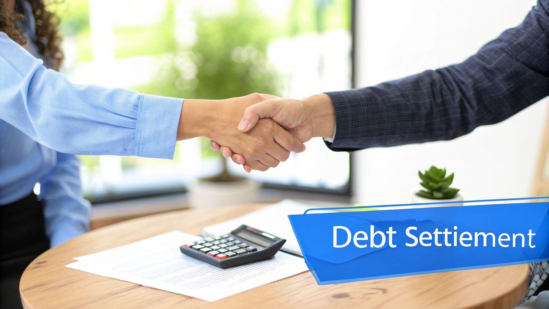 Two professionals shaking hands over a desk with a calculator, documents, and a 'Debt Settlement' graphic.