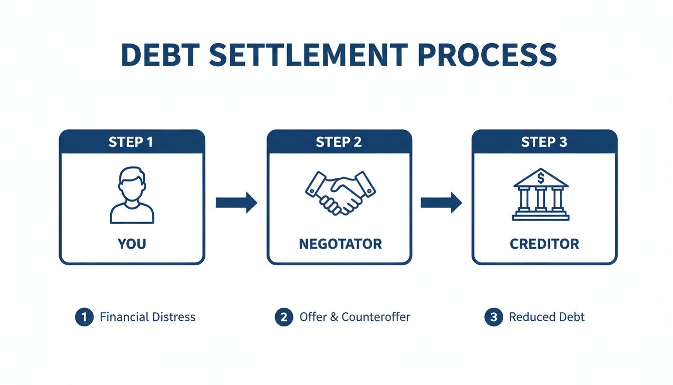 A three-step diagram illustrating the debt settlement process from financial distress to reduced debt.