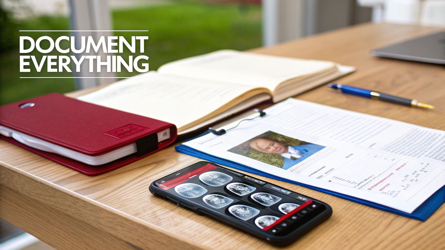 A neatly organized desk with a red planner, open book, document on clipboard, smartphone, and pen, emphasizing documentation.