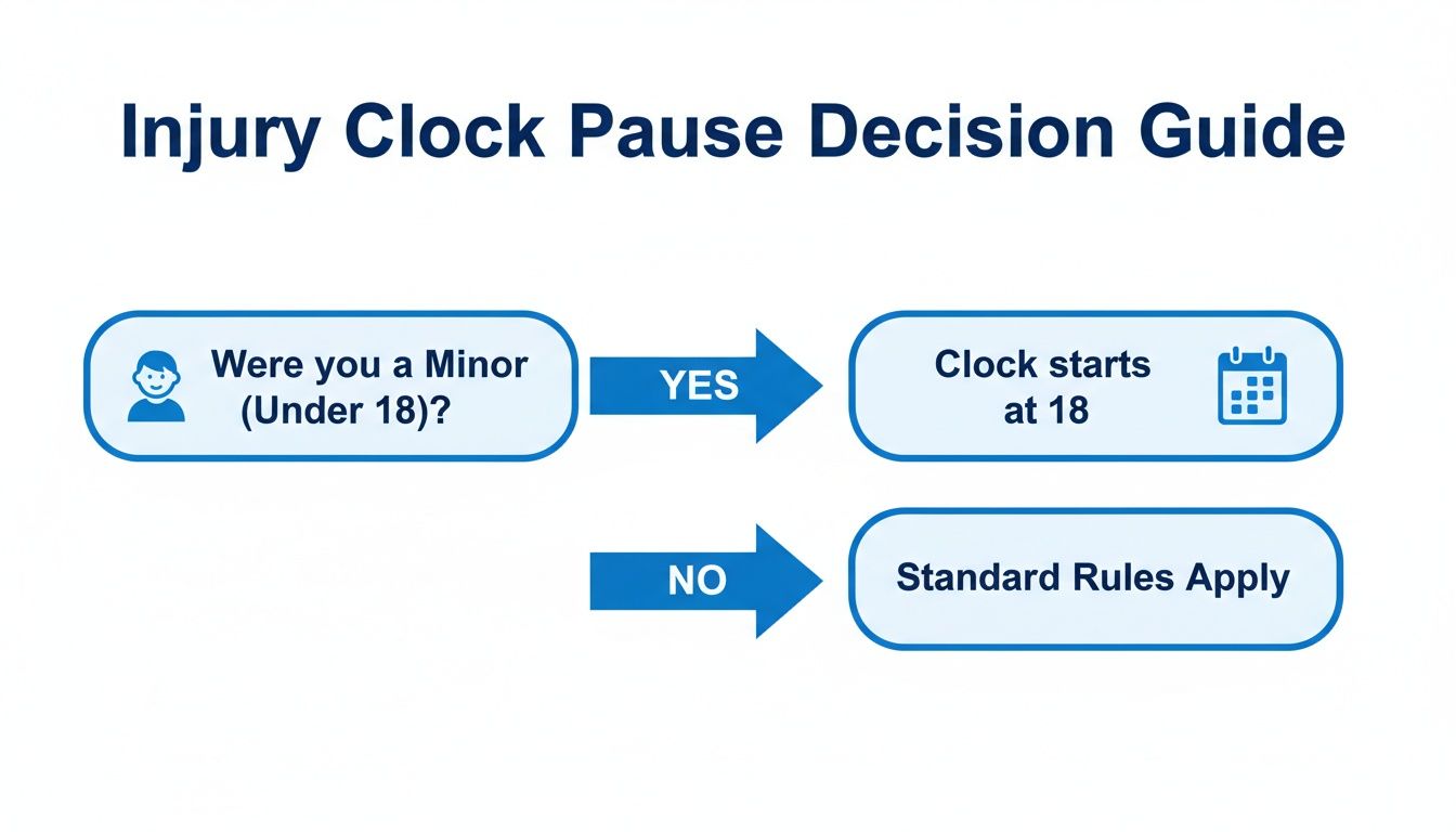 A decision guide flowchart for injury clock pause: If a minor (under 18), clock starts at 18; otherwise, standard rules apply.