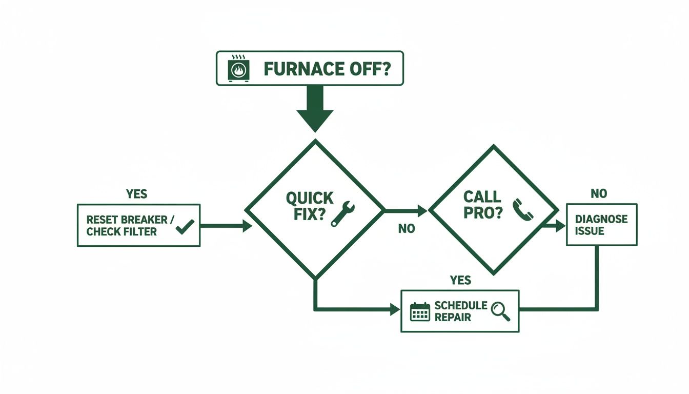 Flowchart guiding users through diagnosing and fixing a furnace that won't turn on, including quick fixes and professional help.
