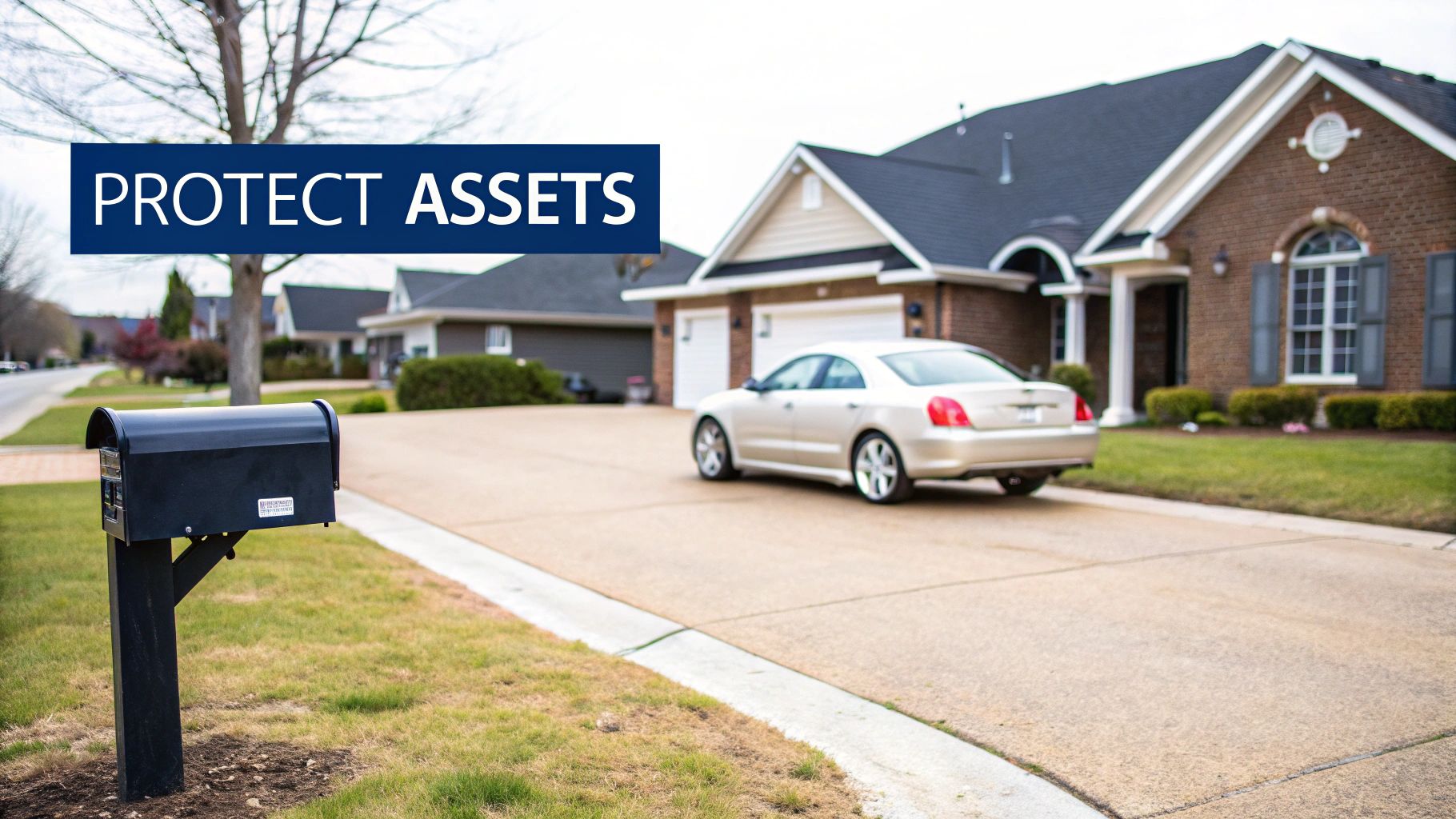 A residential street with houses, a car in a driveway, a mailbox, and a 'PROTECT ASSETS' overlay.