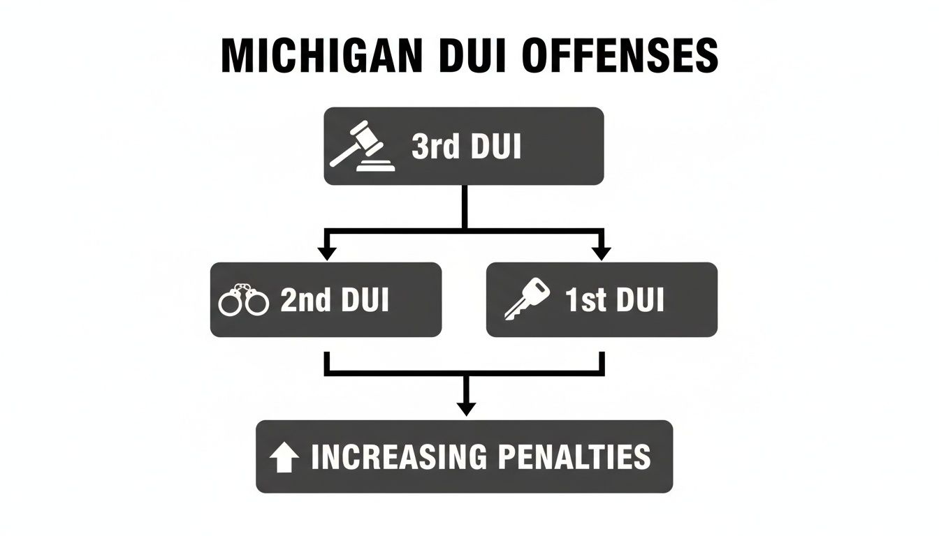 Flowchart illustrating Michigan DUI offenses, showing increasing penalties for 1st, 2nd, and 3rd DUIs.
