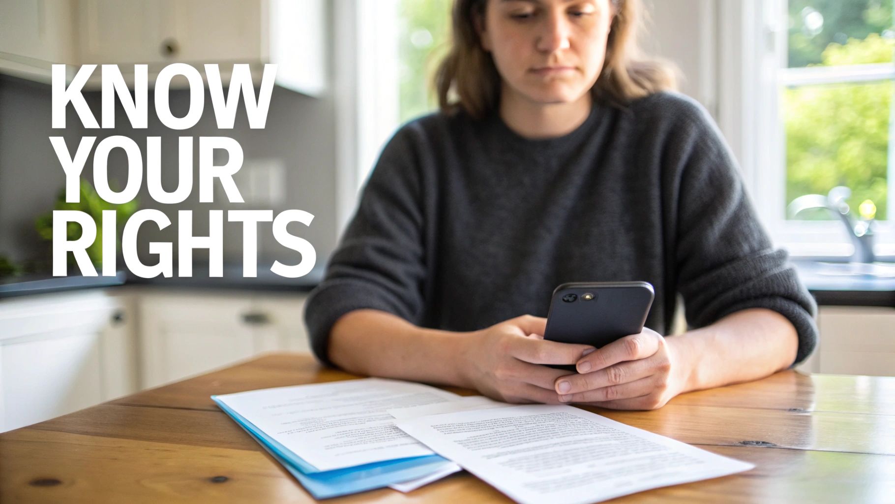 A person reviews legal documents and a smartphone at a table with 'KNOW YOUR RIGHTS' overlay.
