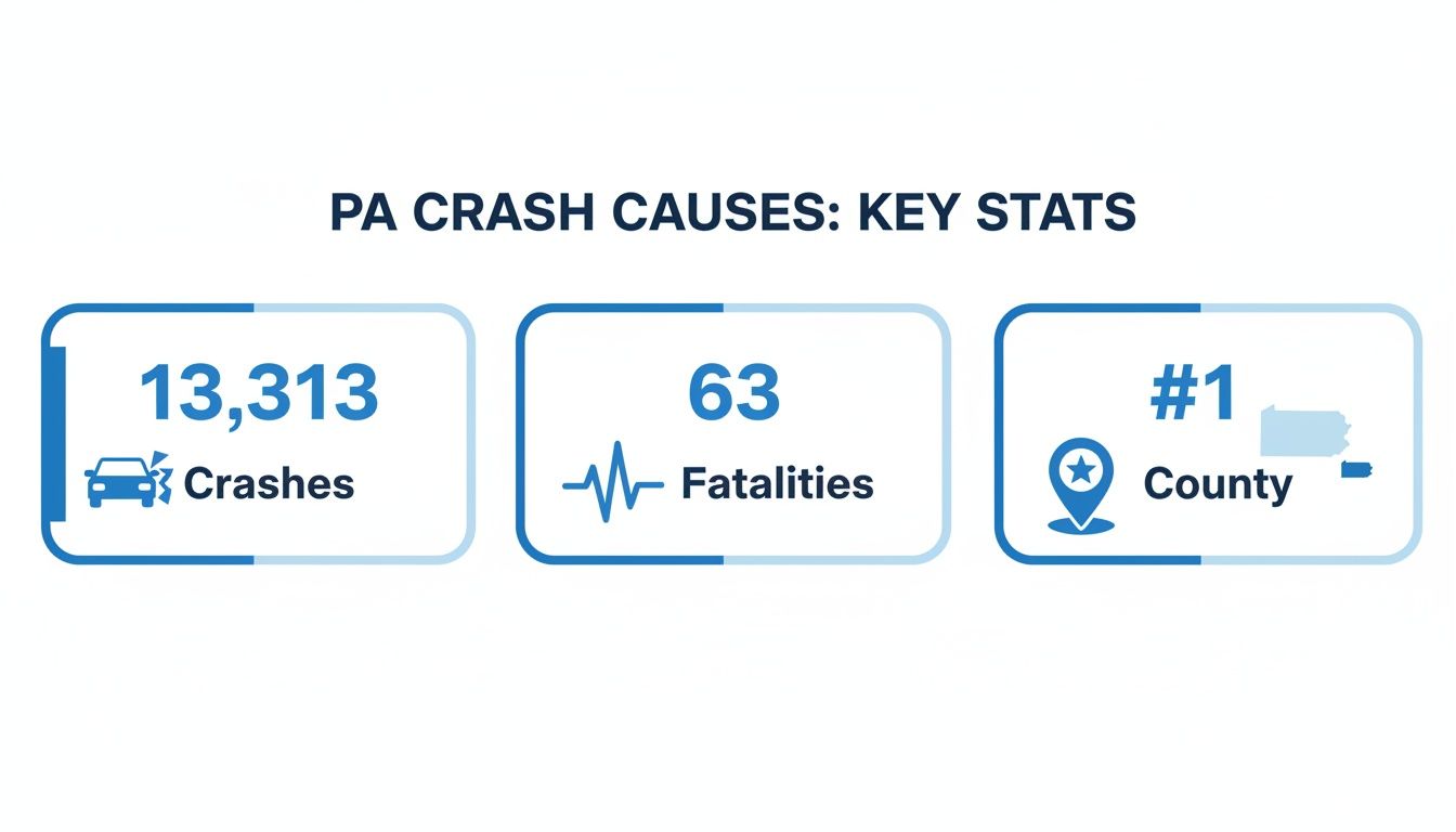 Infographic showing Pennsylvania crash key statistics: 13,313 crashes, 63 fatalities, and #1 county.