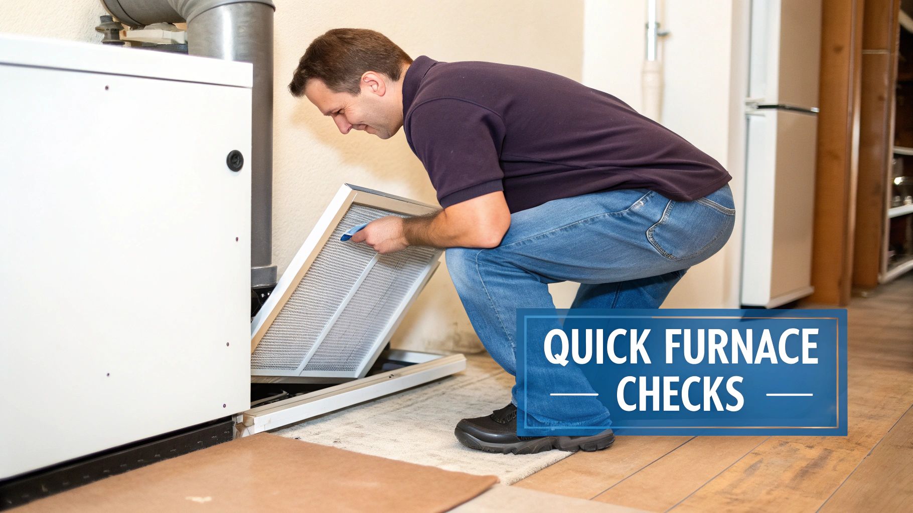 A man kneels to inspect or replace a furnace filter, performing quick maintenance checks.