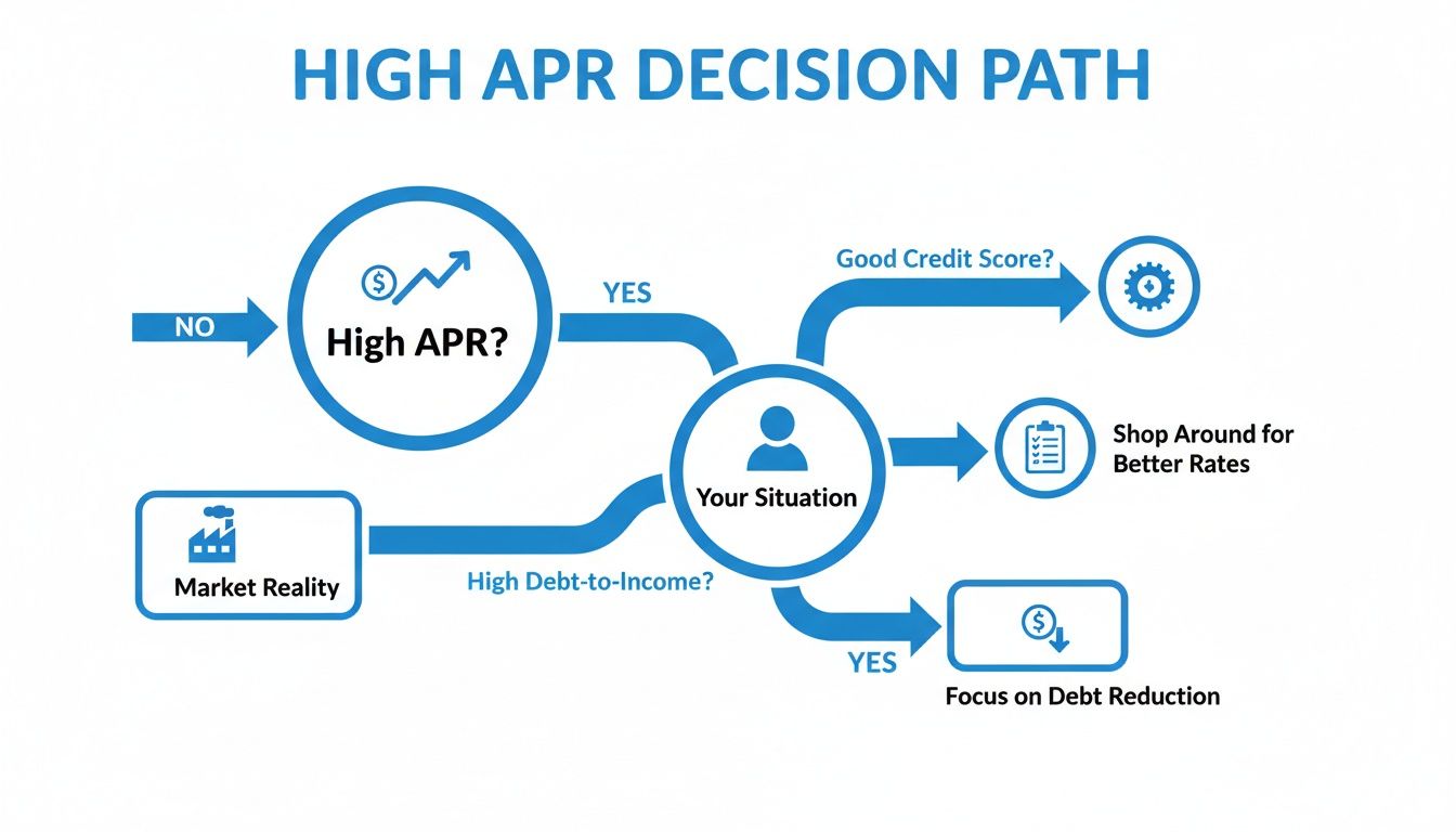 Flowchart showing decision path for high APR, considering credit score, debt, and actions like shopping for rates or debt reduction.