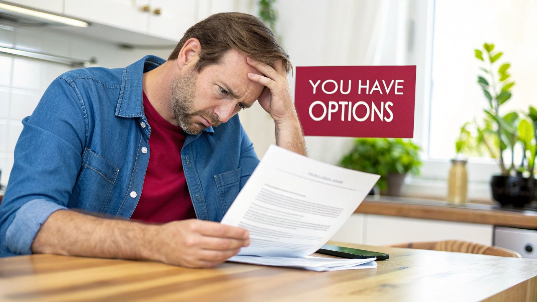 A stressed man reads a document at a kitchen table, with a red sign saying 'YOU HAVE OPTIONS'.