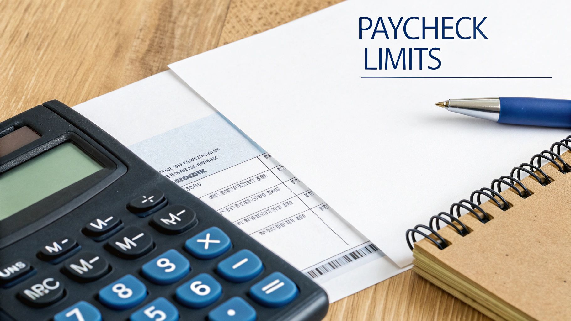 Black calculator, pay stub, and blue pen on a wooden desk with "PAYCHECK LIMITS" title.