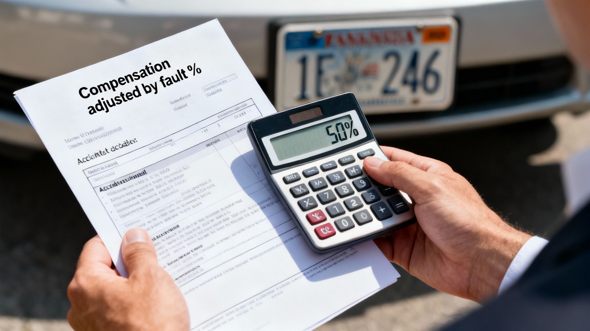 Hands holding a document about car accident compensation and a calculator showing 50% fault.