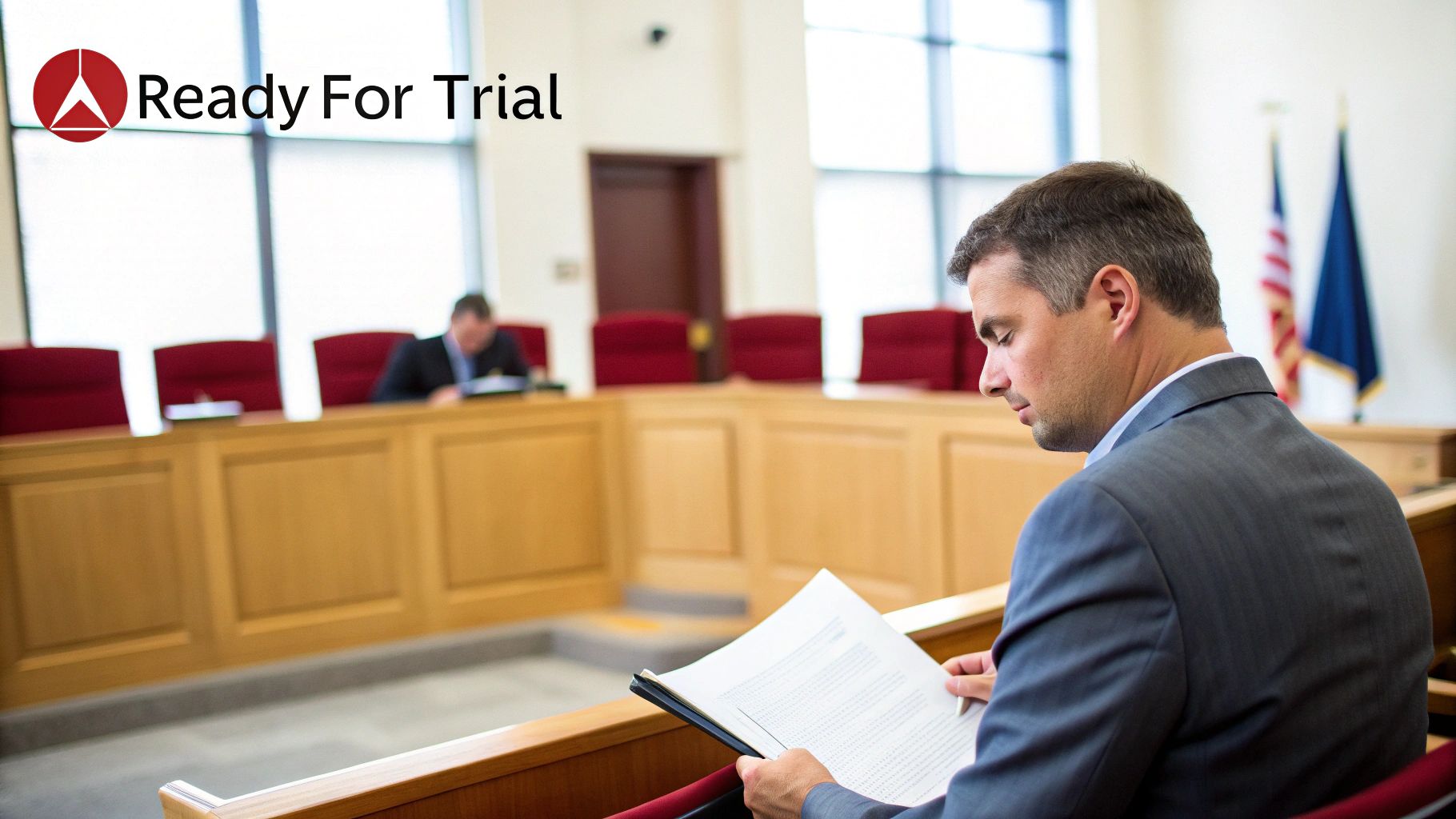 A lawyer in a suit reviews legal documents in a courtroom, preparing for trial, with flags in the background.