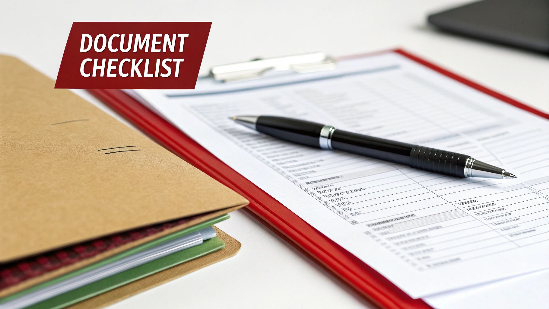 A pen lies on a document checklist on a red clipboard next to file folders, emphasizing organization.