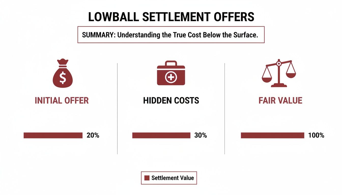 Visual comparison of lowball settlement offers, showing initial offer, hidden costs, and fair value percentages.