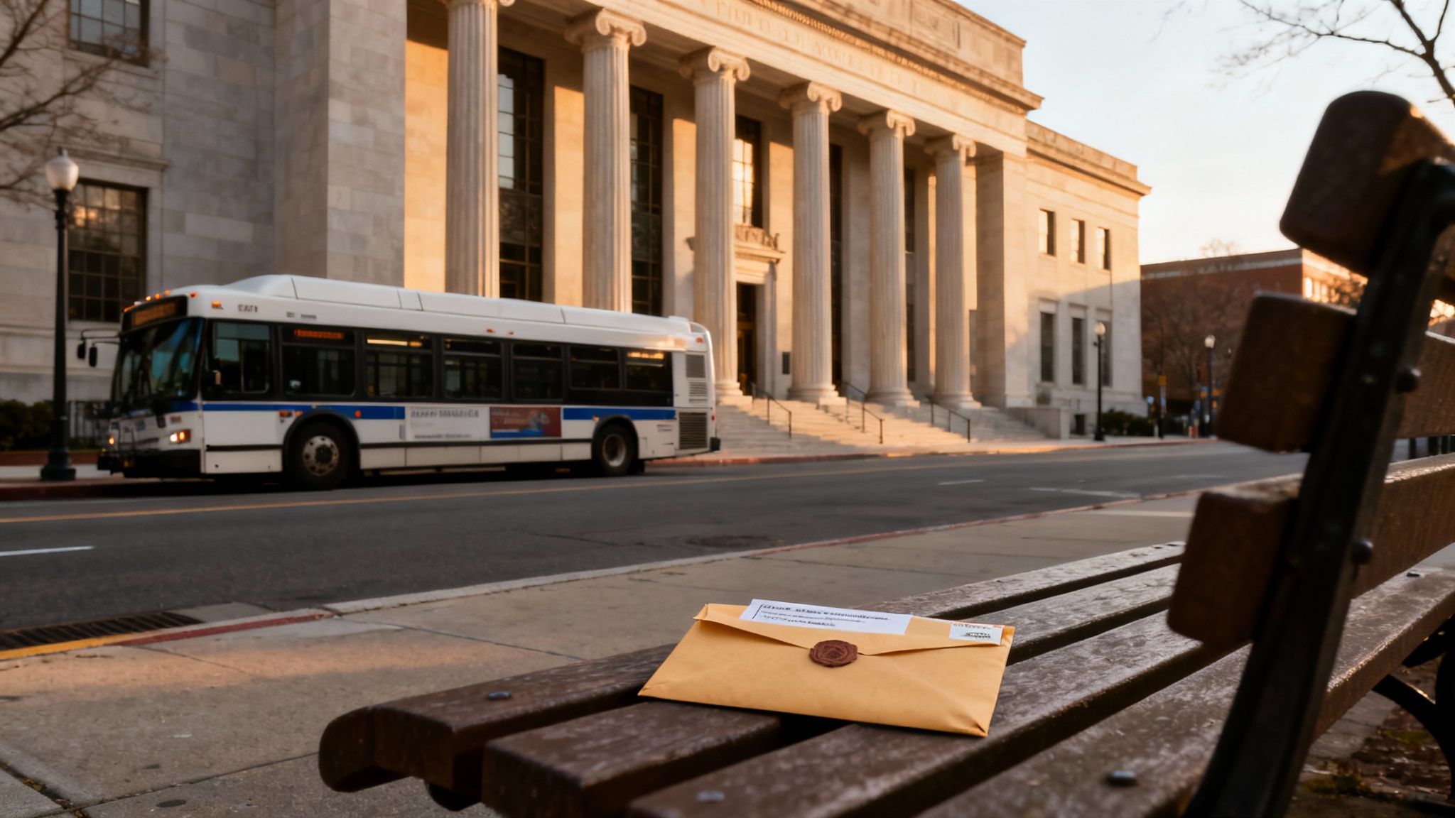 A bus drives past a large classical building with columns at sunset, an envelope on a wooden bench.
