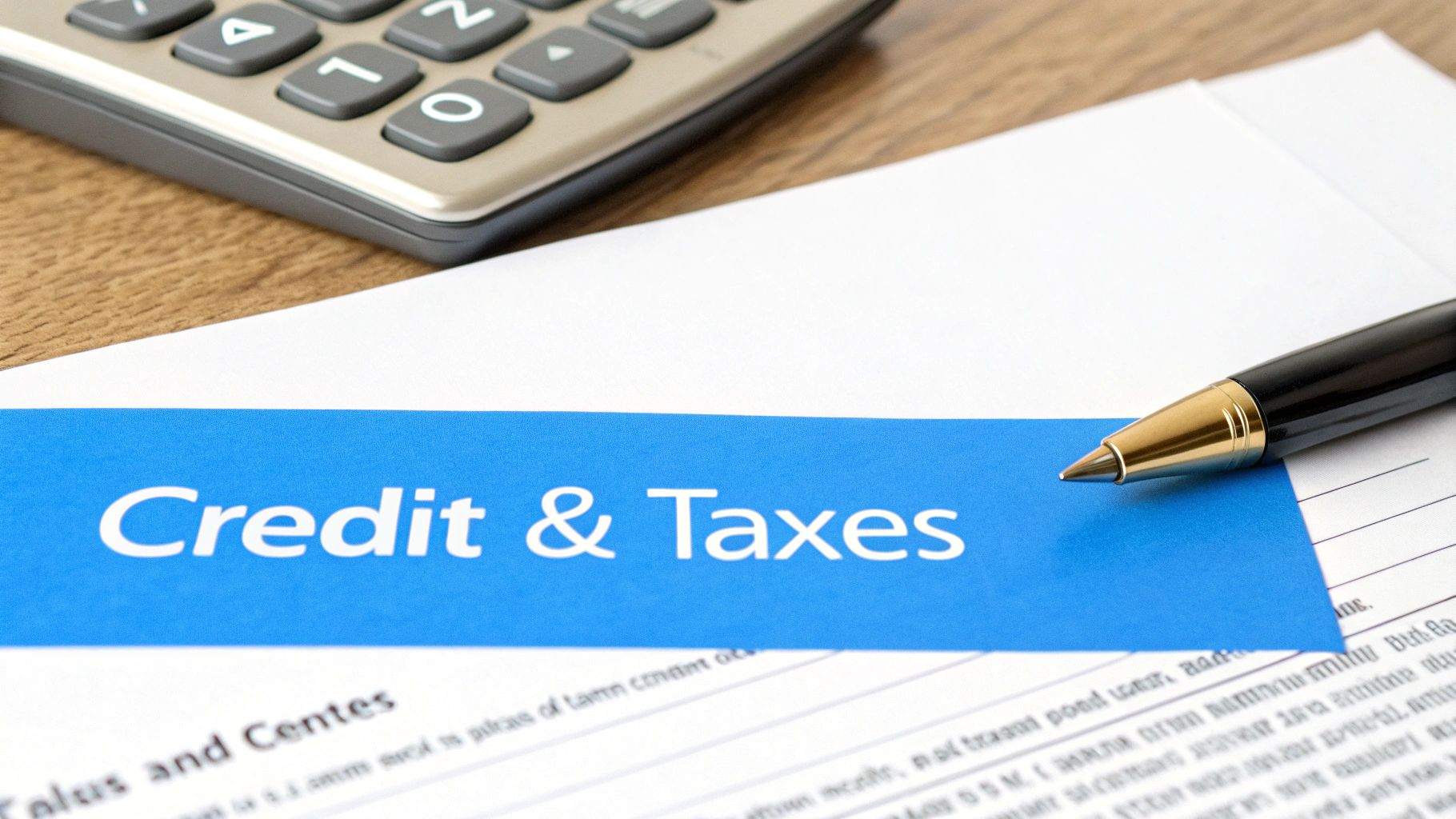 A calculator, a pen, and paper with a blue banner displaying 'Credit & Taxes' for financial planning.