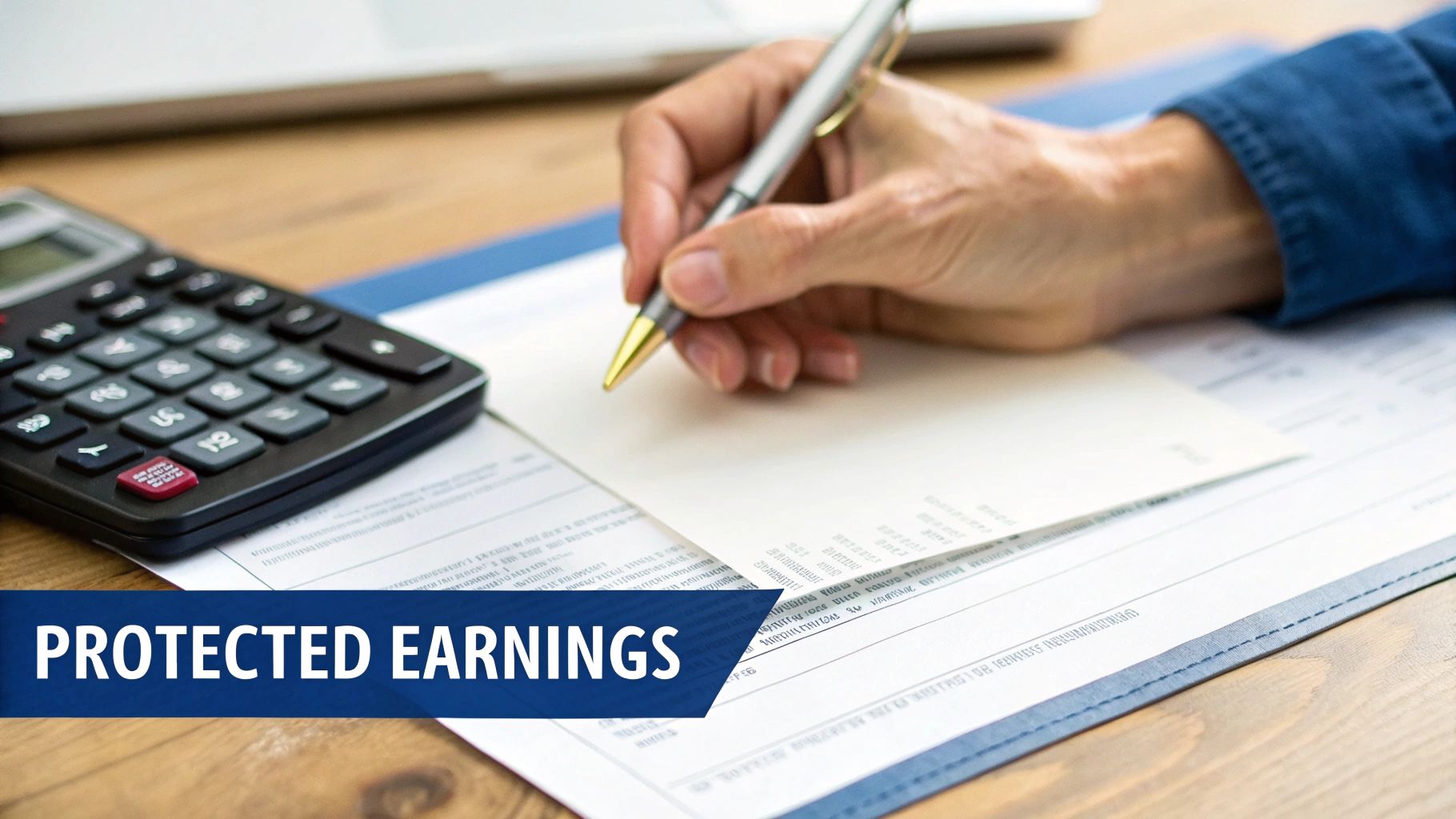 A hand writes on a document with a pen, a calculator nearby, and the text 'PROTECTED EARNINGS'.