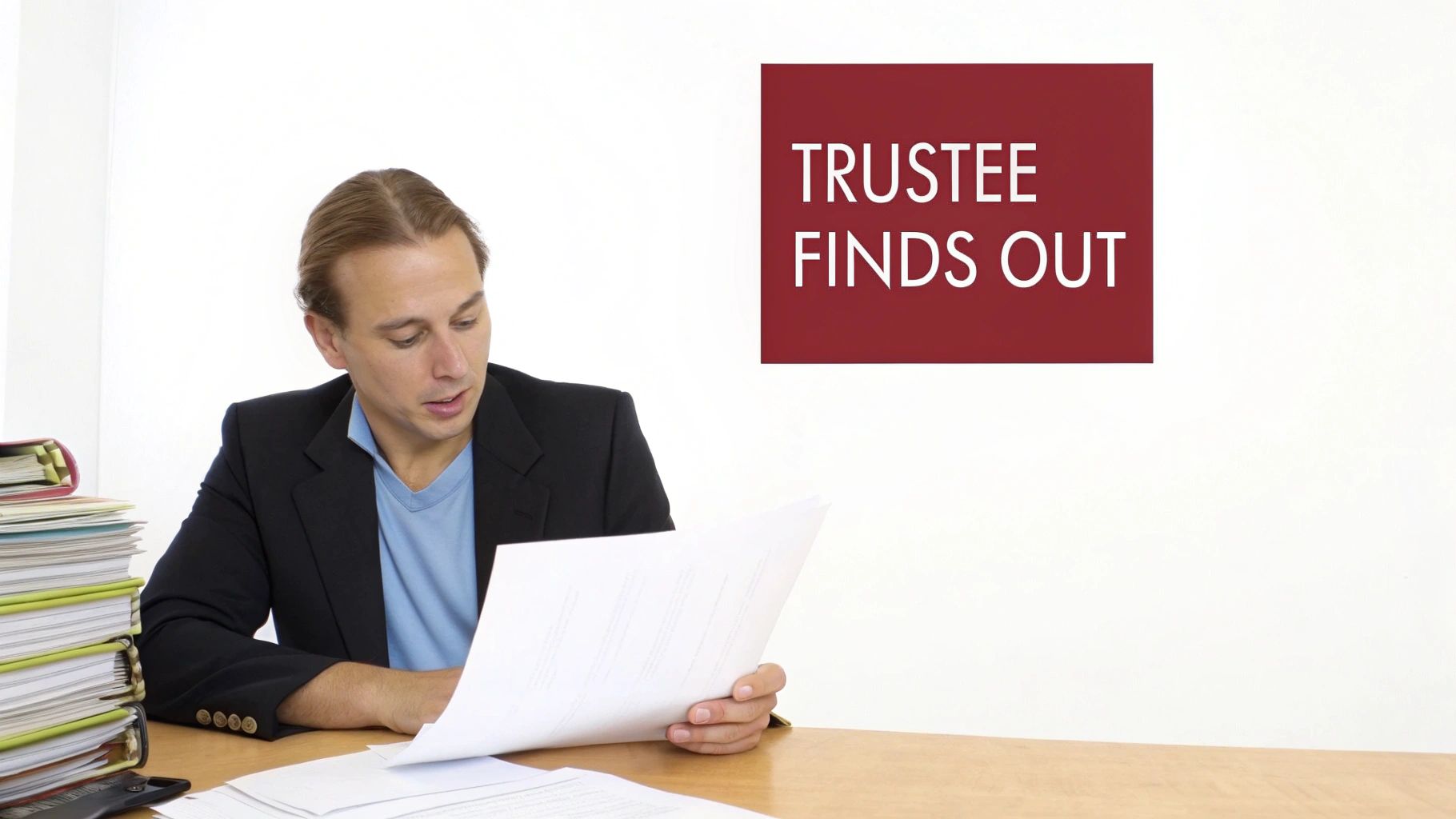 A man in a blazer reads documents at a desk with folders, next to a red sign.